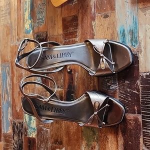 SAM & LIBBY Leather Bronzy Gold Ankle Strappy Kitten Heels w/Bow Tie 8.5